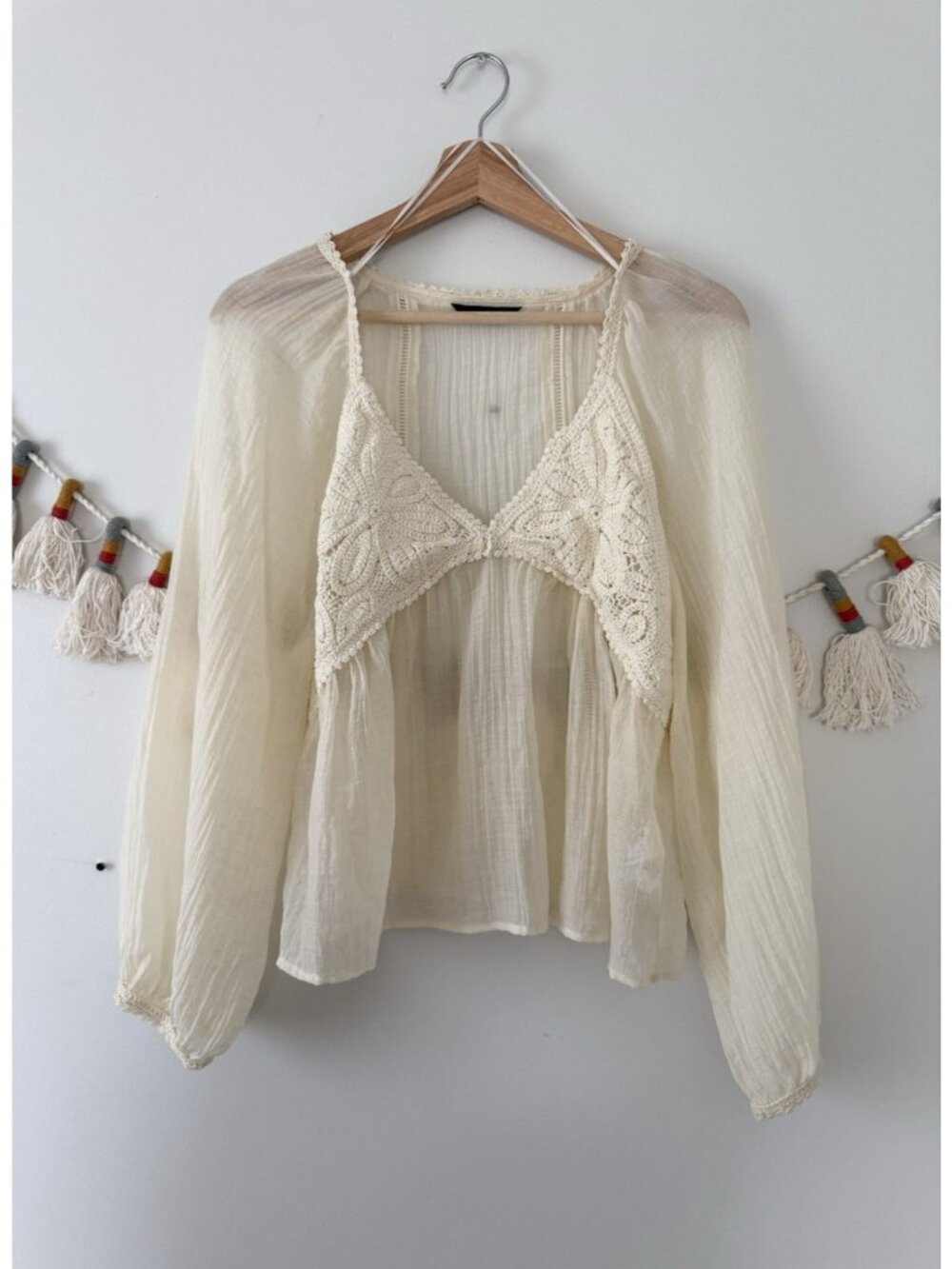 Zara Crochet Contrast Sheer Babydoll Blouson Top In Ecru Ivory Cottage Dainty S